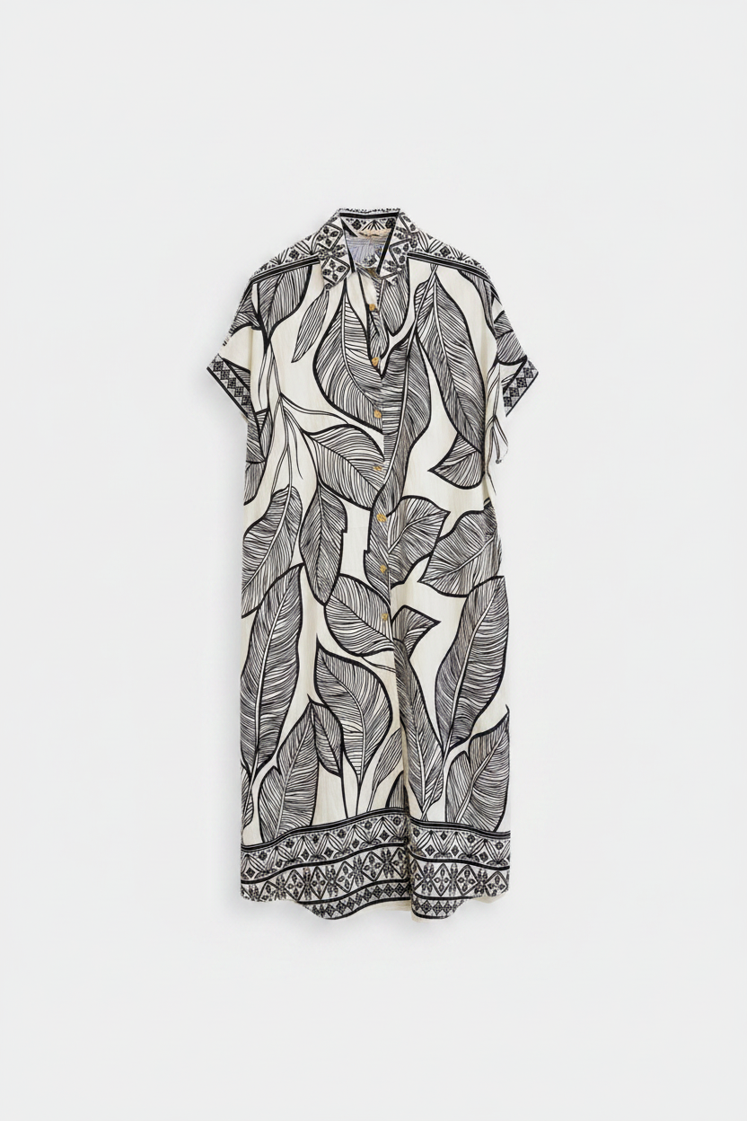 Vestido tropical blanco y negro - flat lay